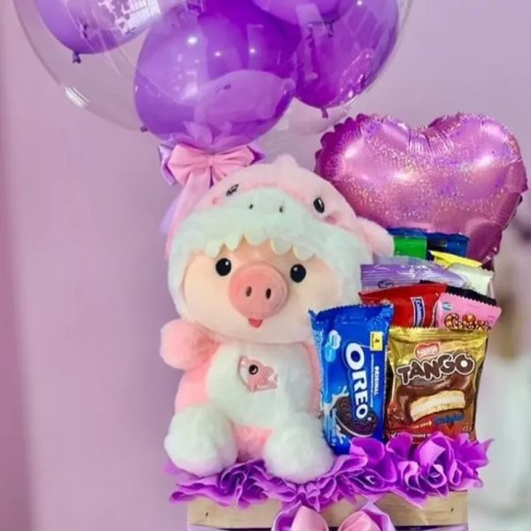 Caja + peluche + chuches + globos personalizados
