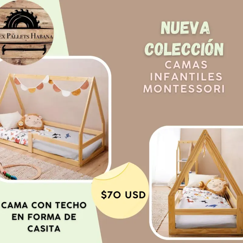 Camita infantil Montessori modelo casita con baranda sencilla