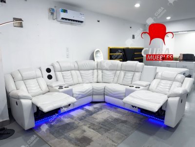 Sofá modular reclinable eléctrico con altavoces de graves para sala de estar, de piel sintética, reclinable, esquinero, con luz LED, reclinables eléctricos para el hogar, color blanco