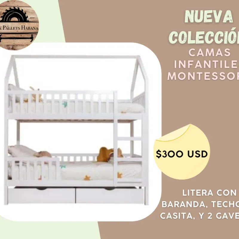 Litera para niños con techo de casita y 2 gavetas