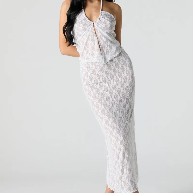 Conjunto blanco de encaje top y saya