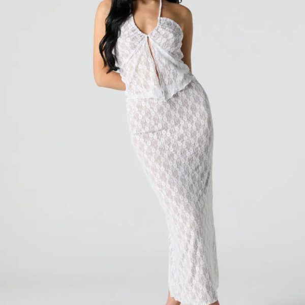 Conjunto blanco de encaje top y saya