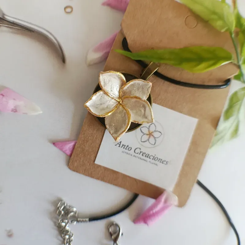 Dije plumería blanca con Borde Dorado
