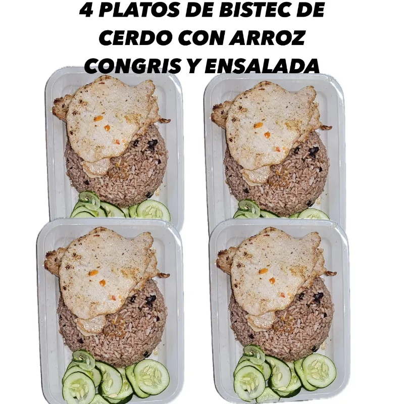 4 PLATOS DE BISTEC CON ARROZ CONGRIS Y ENSALADA
