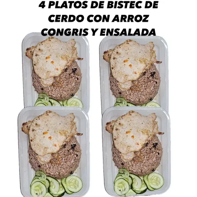 4 PLATOS DE BISTEC CON ARROZ CONGRIS Y ENSALADA