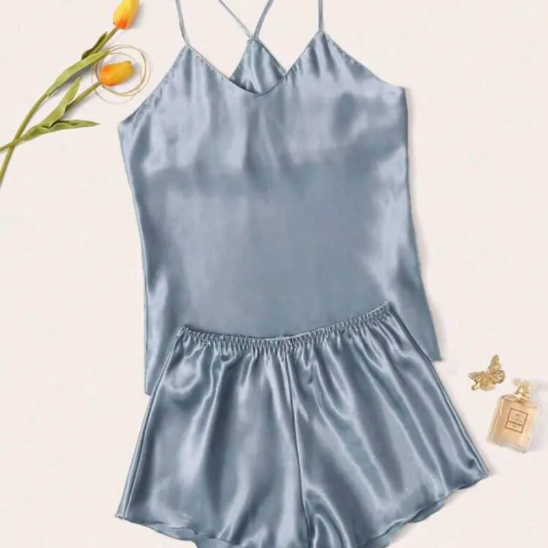 Pijama de satin de 2 piezas azul grisáceo