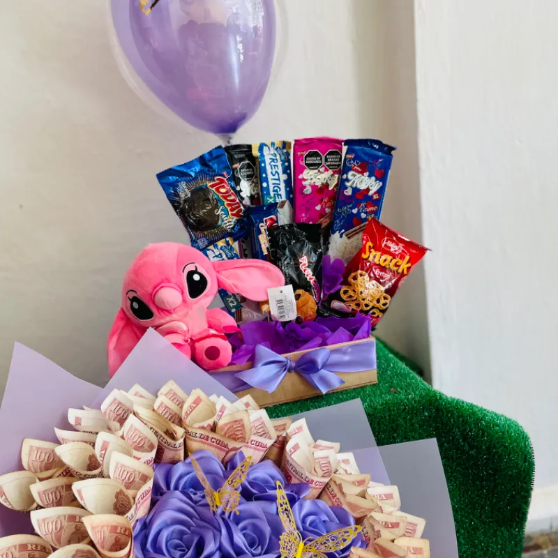  Ramo con Dinero + Cesta de Peluche y Confituras