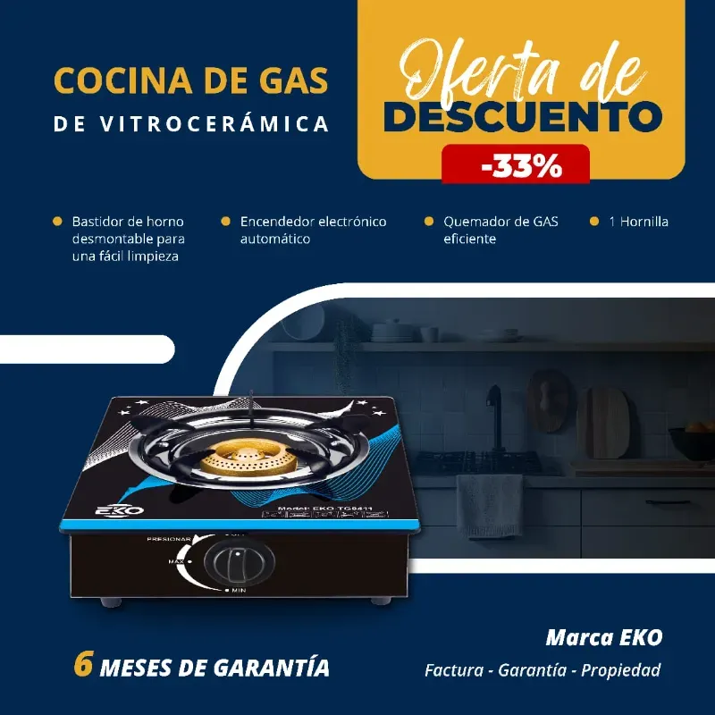 COCINA DE GAS EKO 1 HORNILLA VIDRIO TEMPLADO (FAD)