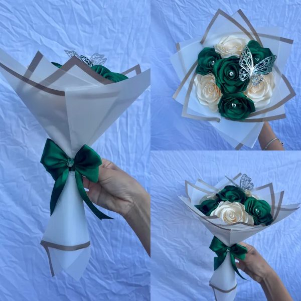 Ramo de 7 rosas color crema y verde ( con alfileres de diamantes )