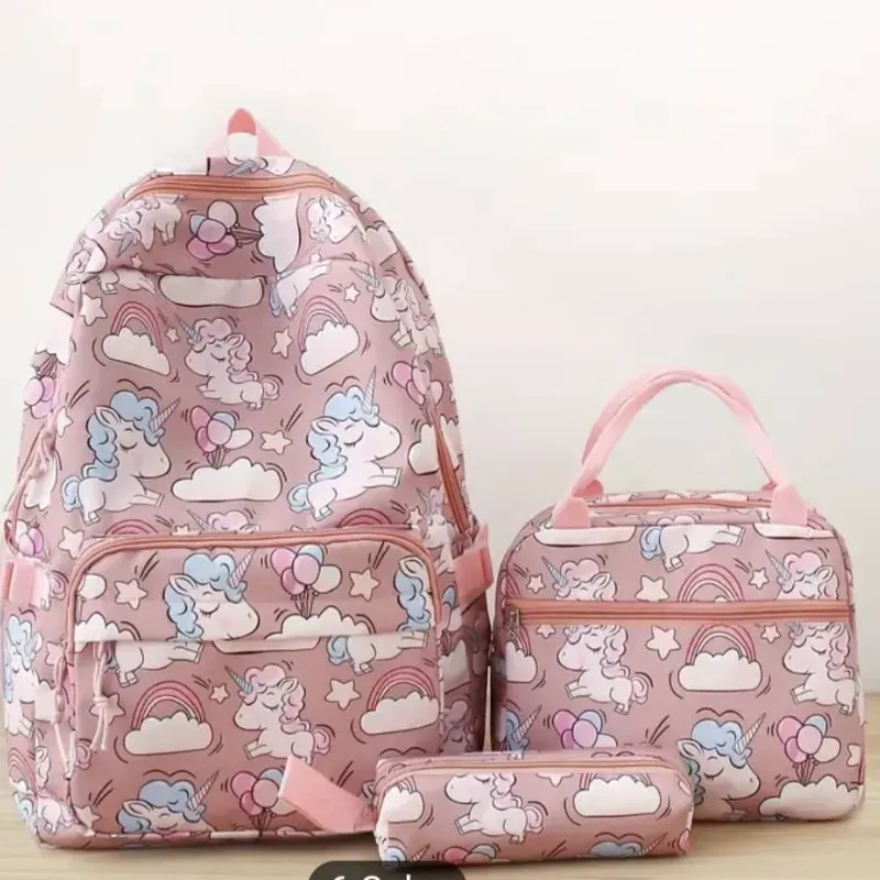 Set de Mochila, cartuchera y lunchera temática unicornio rosa