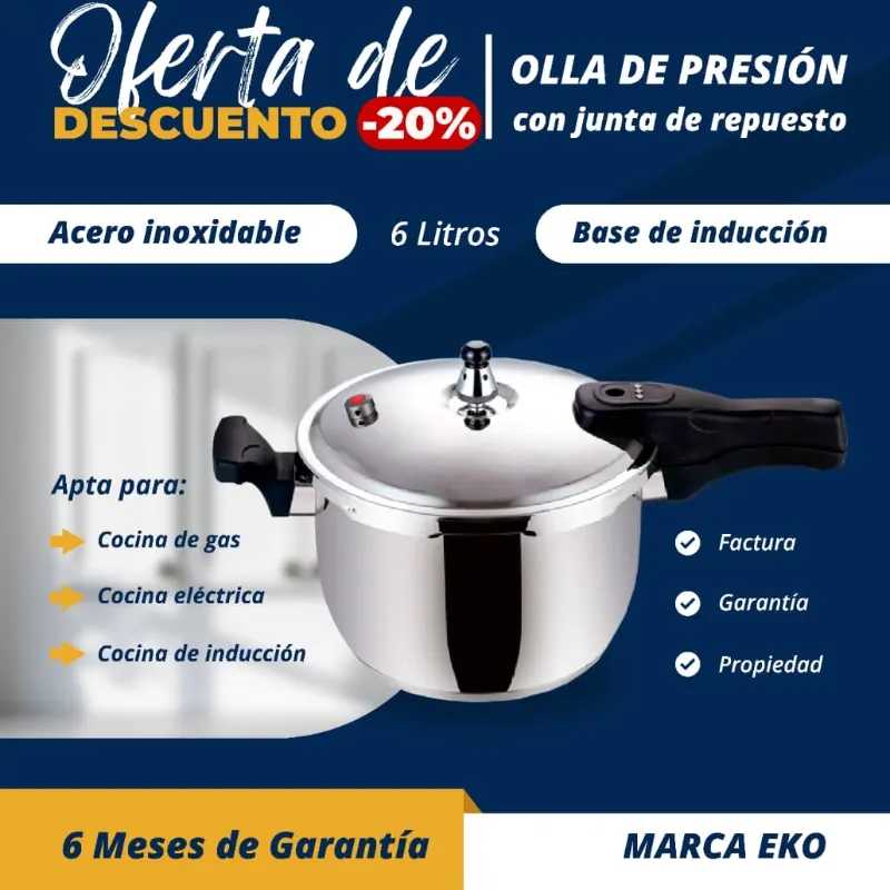  *OLLA DE PRESIÓN De Una Válvula de Acero inoxidable 6 L Base de Inducción, Marca EKO*