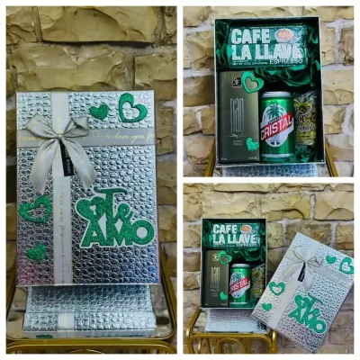Caja perfecta   ( Caja mediana surtida con perfume Nao, paquete de café la llave, lata de cerveza cristal y paquete de aceitunas )
