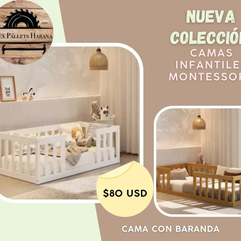 Camita infantil Montessori modelo sencillo con barandas