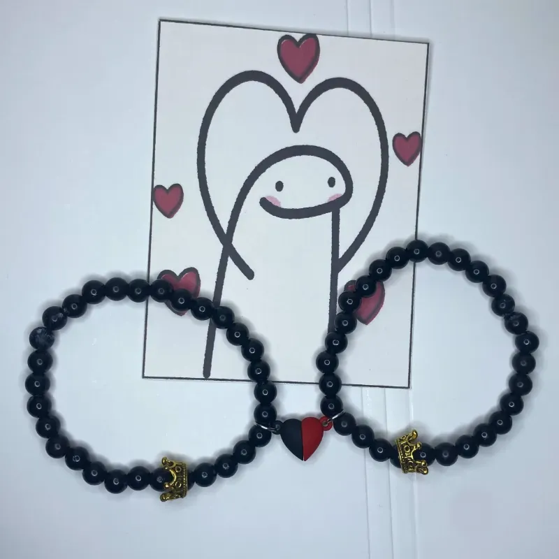 Pareja Pulseras perlas con coronas y corazón imantado
