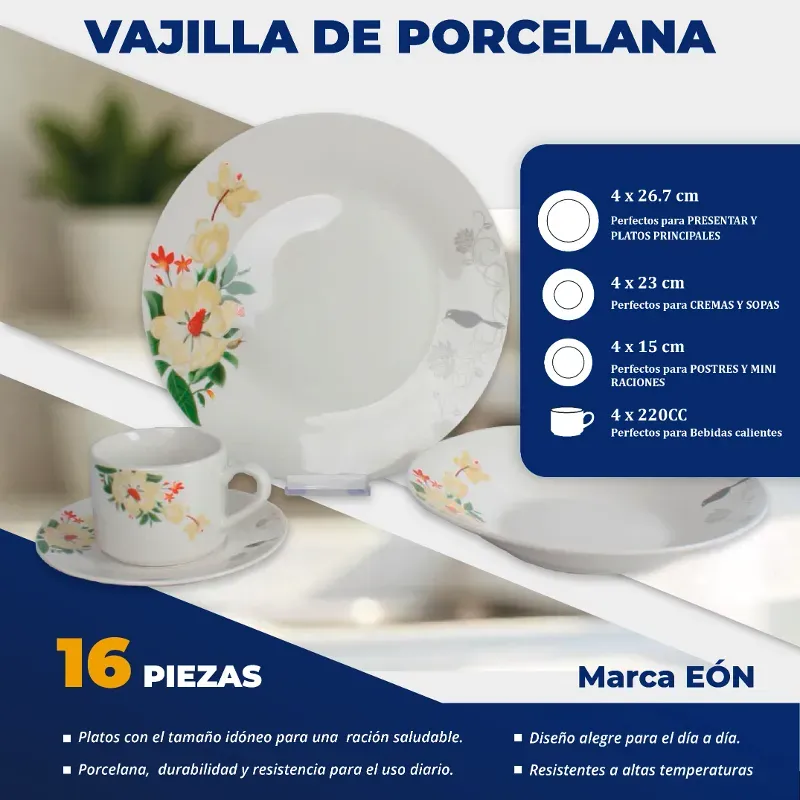 VAJILLA DE PORCELANA 16 PIEZAS FLOREADAS (FAD)