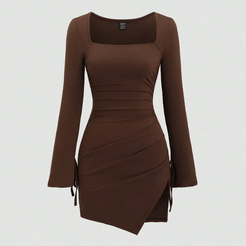 Vestido carmelita corto mangas largas