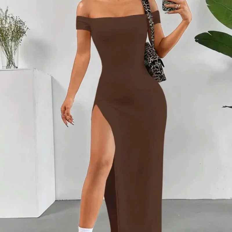  Vestido largo de apertura en la pierna — Marrón Chocolate