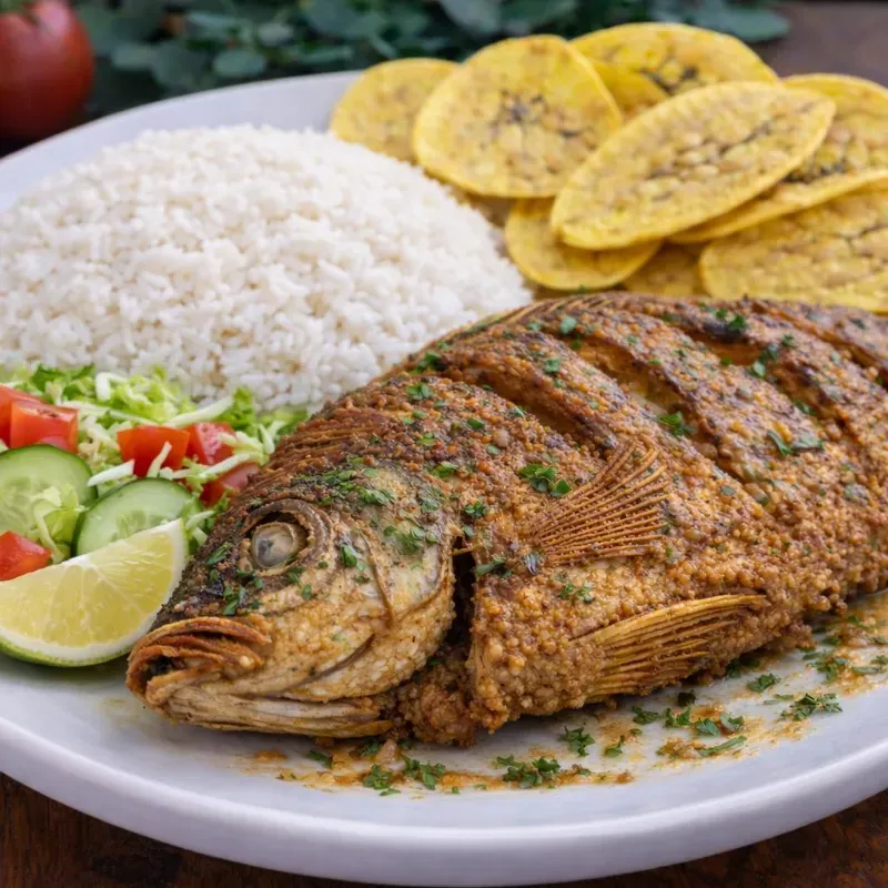 Pescado Frito con Arroz Blanco