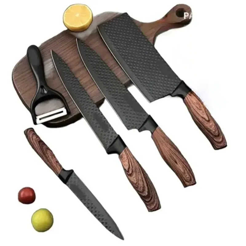 SET DE CUCHILLOS NEGROS 5 PIEZAS MANGO PLÁSTICO COLOR MADERA (VPT)