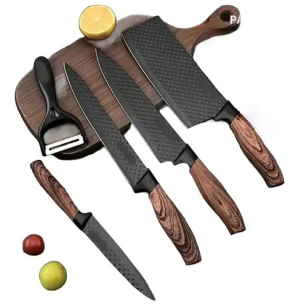 SET DE CUCHILLOS NEGROS 5 PIEZAS MANGO PLÁSTICO COLOR MADERA (VPT)