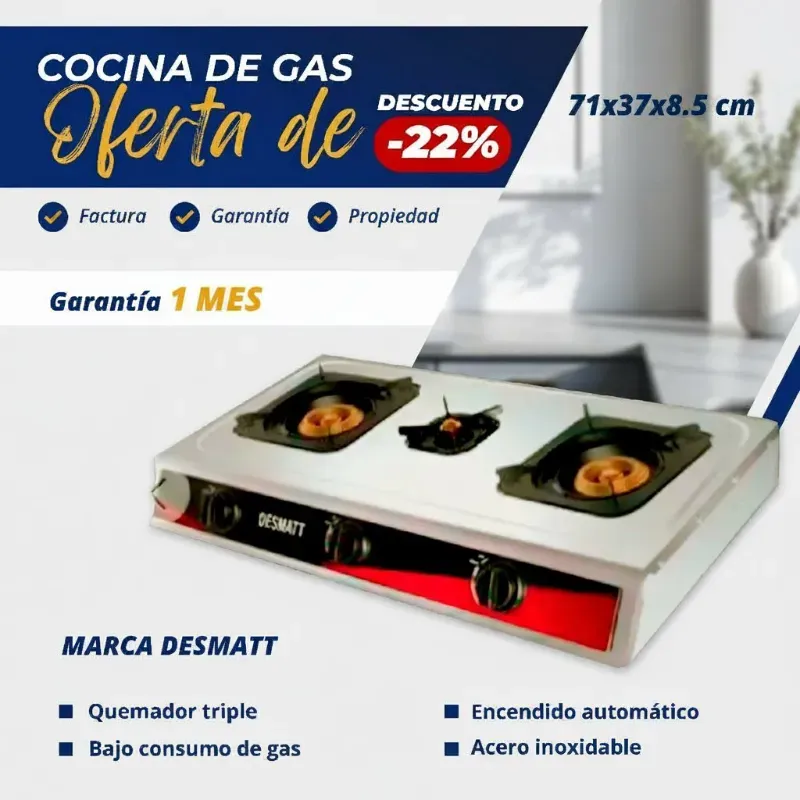 COCINA DE GAS 3 HORNILLAS DESMATT ACERO INOXIDABLE (VPT)