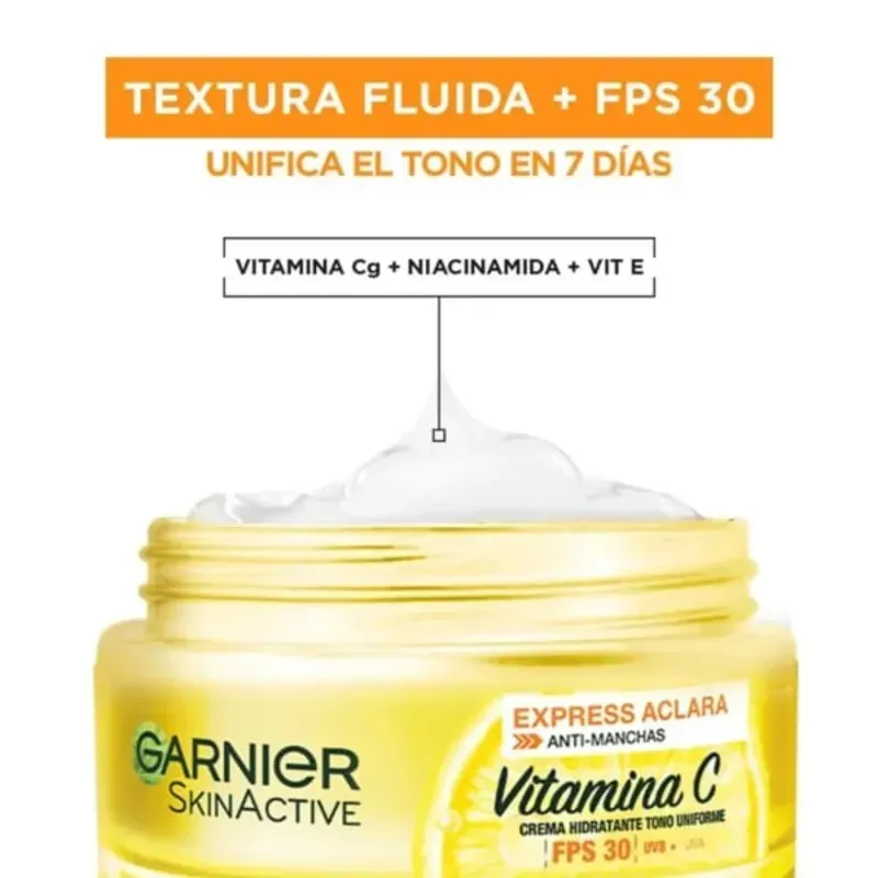 Crema Facial Hidratante Tono Uniforme con Vitamina C FPS 30+ L'oréal Garnier Express Aclara 50ml