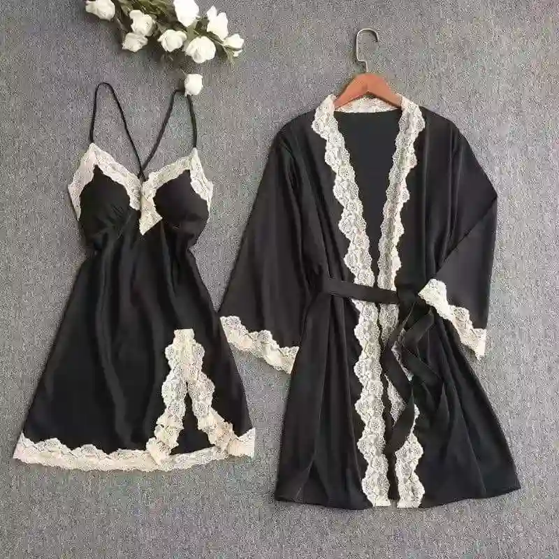  Set de Lencería Satinada 2 Piezas – Encaje Clásico 
