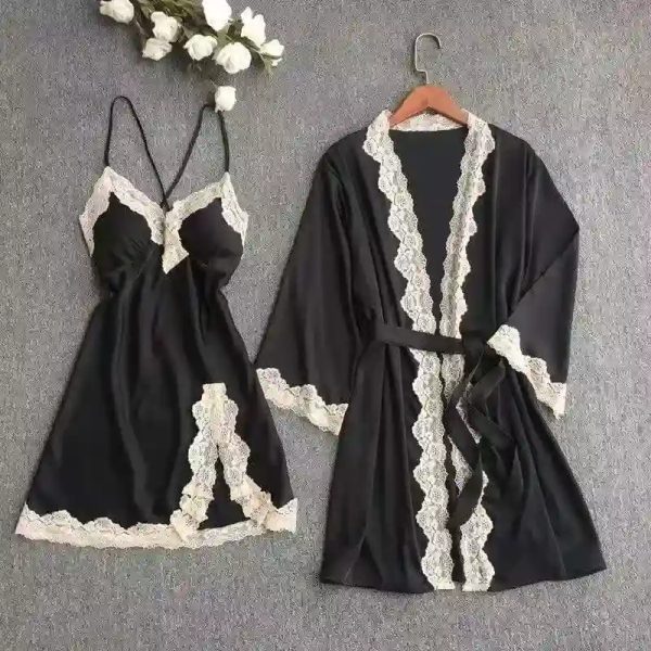  Set de Lencería Satinada 2 Piezas – Encaje Clásico 