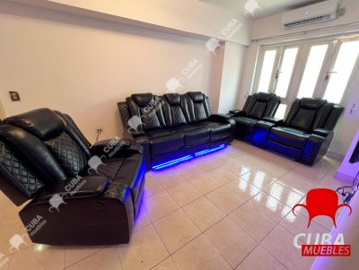 Juego de sofá reclinable multifunción de cuero Power Air con luces LED, muebles de sala de estar, sofá reclinable, sofá biplaza, silla con puerto USB/consola de almacenamiento/portavasos (negro,