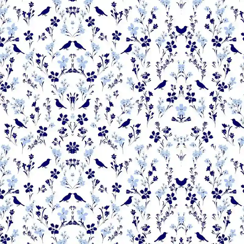 Flores y pájaros azules