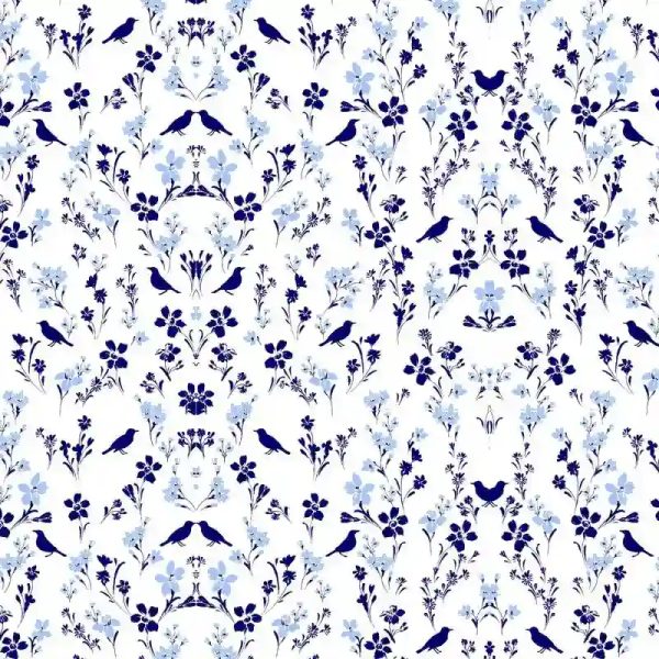 Flores y pájaros azules