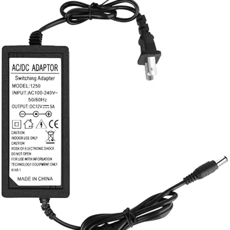 Fuente de alimentación de 12 V 5 A, adaptador Waysse AC DC, convertidor de 100-240 V a 12 voltios, transformador de 5 amperios, enchufe de 0.217 x 0.083 in para tira de luz LED, DVR NVR, sistema de