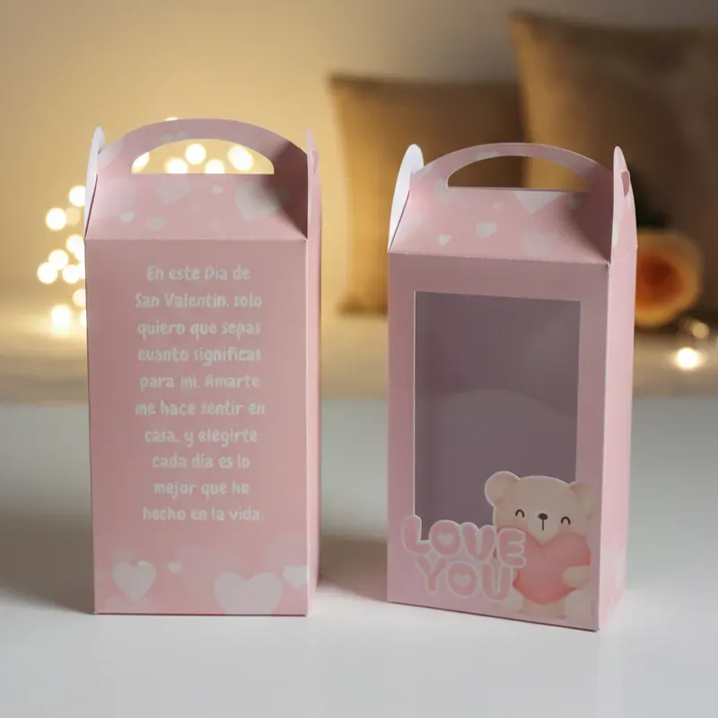 Caja con visor "Rosa tierno con osito"