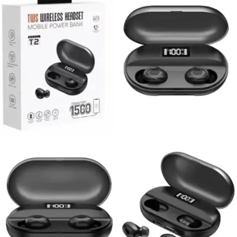  Audífonos Inalámbricos TWS T2 con Power Bank Integrado 