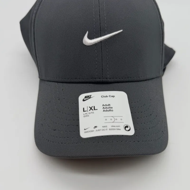 Nike Dri Fit Rise Club Gray White Swoosh Cap Hat Unisex L/XL Adult