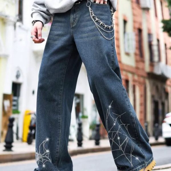 ROMWE MEN Jeans casuales para hombre con bolsillos y patrón de telaraña de rhinestone