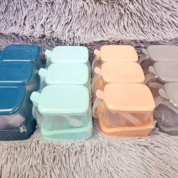 Set de 3 potes condimenteros con base y cucharita para servir