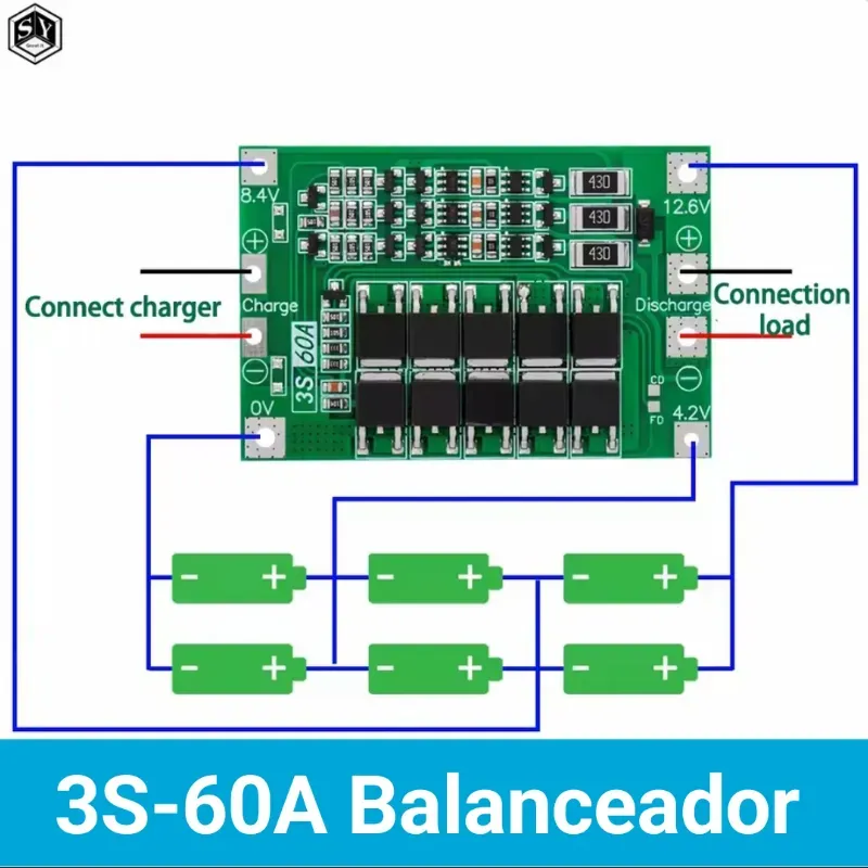 BMS 3S 60A (12,6V) Balanceador para baterías de litio 18650