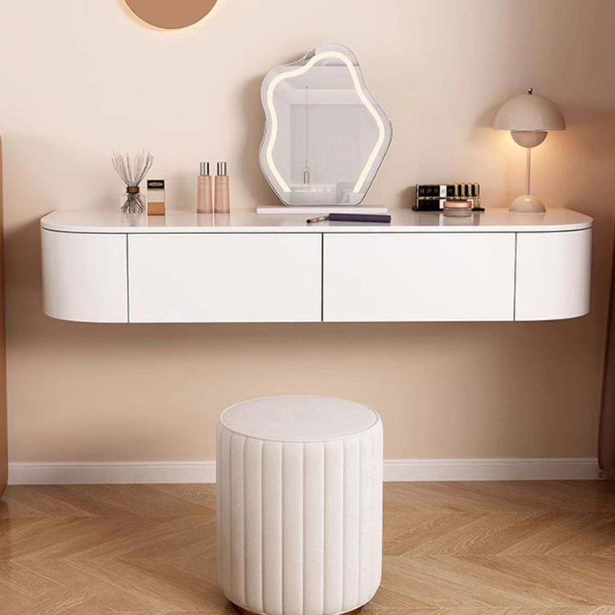 Tocador de maquillaje flotante para pared, tocador flotante de esquina blanca, tocador flotante montado en la pared con almacenamiento, pequeño escritorio de madera con espejo y luces, tocador de