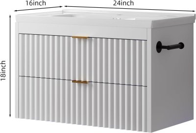 4ever2buy Vanidad de baño de 24 pulgadas con fregadero, tocador de baño flotante con LED, diseño de línea ondulada, 2 cajones de cierre suave, armario flotante montado en la pared para espacios