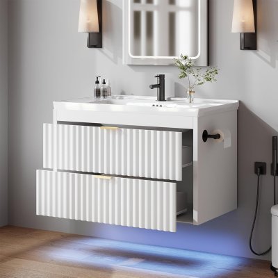 4ever2buy Vanidad de baño de 24 pulgadas con fregadero, tocador de baño flotante con LED, diseño de línea ondulada, 2 cajones de cierre suave, armario flotante montado en la pared para espacios