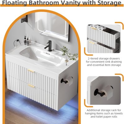 4ever2buy Vanidad de baño de 24 pulgadas con fregadero, tocador de baño flotante con LED, diseño de línea ondulada, 2 cajones de cierre suave, armario flotante montado en la pared para espacios