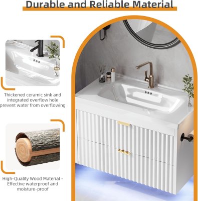 4ever2buy Vanidad de baño de 24 pulgadas con fregadero, tocador de baño flotante con LED, diseño de línea ondulada, 2 cajones de cierre suave, armario flotante montado en la pared para espacios