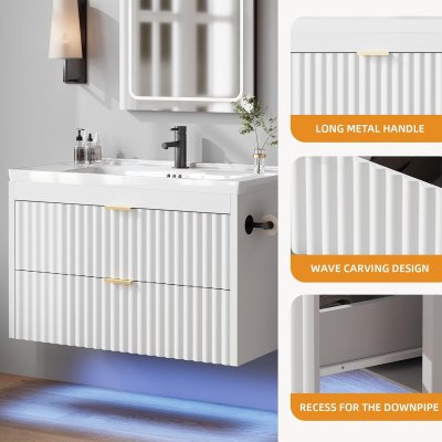 4ever2buy Vanidad de baño de 24 pulgadas con fregadero, tocador de baño flotante con LED, diseño de línea ondulada, 2 cajones de cierre suave, armario flotante montado en la pared para espacios