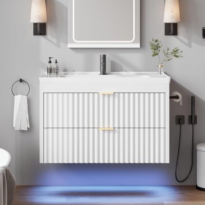 4ever2buy Vanidad de baño de 24 pulgadas con fregadero, tocador de baño flotante con LED, diseño de línea ondulada, 2 cajones de cierre suave, armario flotante montado en la pared para espacios