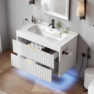 4ever2buy Vanidad de baño de 24 pulgadas con fregadero, tocador de baño flotante con LED, diseño de línea ondulada, 2 cajones de cierre suave, armario flotante montado en la pared para espacios