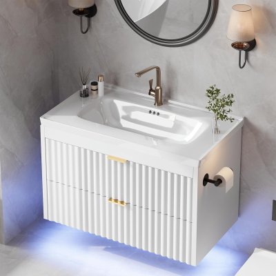 4ever2buy Vanidad de baño de 24 pulgadas con fregadero, tocador de baño flotante con LED, diseño de línea ondulada, 2 cajones de cierre suave, armario flotante montado en la pared para espacios