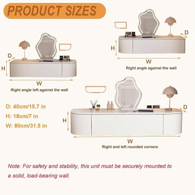 Escritorio de maquillaje flotante totalmente montado con cajones, moderno tocador montado en la pared con esquinas redondeadas, tocador de noche que ahorra espacio para dormitorio y hogar, fácil