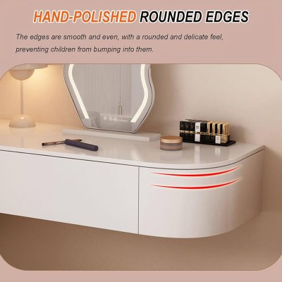 Escritorio de maquillaje flotante totalmente montado con cajones, moderno tocador montado en la pared con esquinas redondeadas, tocador de noche que ahorra espacio para dormitorio y hogar, fácil