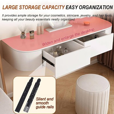 Escritorio de maquillaje flotante totalmente montado con cajones, moderno tocador montado en la pared con esquinas redondeadas, tocador de noche que ahorra espacio para dormitorio y hogar, fácil